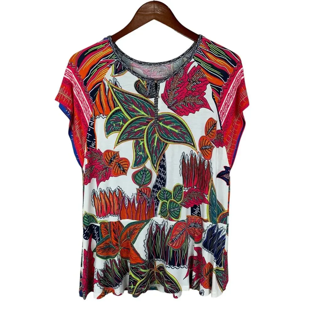 Soft Surroundings Tigerwood Placed Print Top Henley Tropical Women's M Petite MP